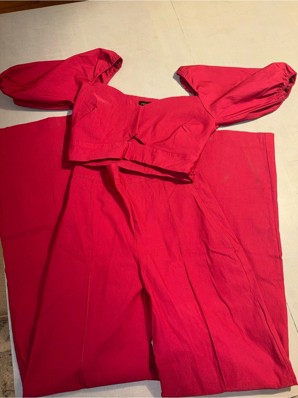 Vesper Two-Piece Puff-Sleeve Crop Top & Wide-Leg Pants - Bright Pink size 10